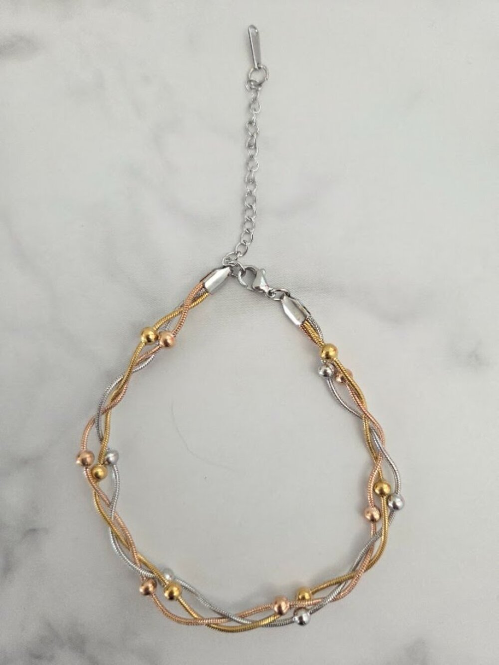 Tri-Tone Beaded Snake Chain Anklet Braided Gold Rose Gold Silver - Picture 10 of 12